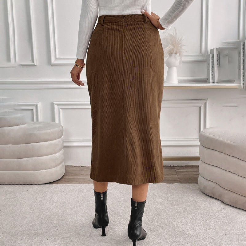 Damen Cord-Midirock mit hohem Bund, Eingrifftaschen und mittigem Schlitz Shop Nory