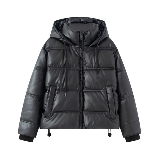 Damen Kurz gesteppte Kunstleder-Pufferjacke mit Kapuze, Tunnelzug und seitlichen Eingrifftaschen Shop Nory
