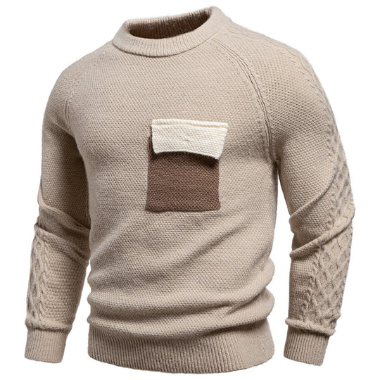 Herren Pullover aus Strukturstrick mit Rundhals, aufgesetzter Brusttasche und Zopfmuster-Ärmeln Shop Nory
