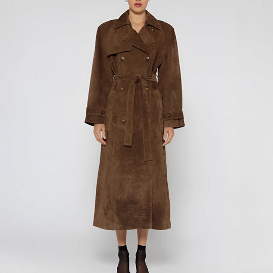 Damen nan langer Veloursleder-Trenchcoat mit Bindegürtel, doppelreihiger Knopfleiste und Ärmelriegel Shop Nory