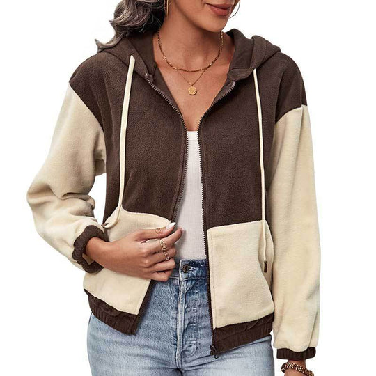 Damen Fleece-Kapuzenjacke mit Colorblock, durchgehendem Reißverschluss und Eingrifftaschen Shop Nory