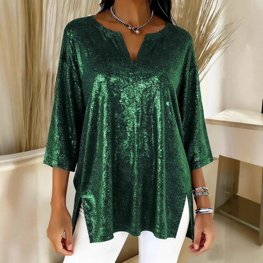 Damen Glitzerndes Oversize-Longshirt mit V-Ausschnitt und seitlichen Schlitzen Shop Nory