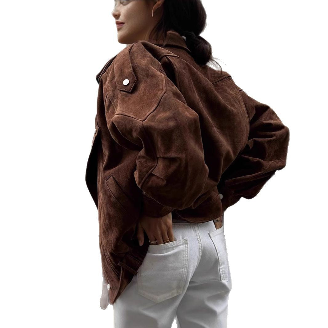 Damen Oversized Veloursleder-Bomberjacke mit Taillengürtel und Schalkragen Shop Nory