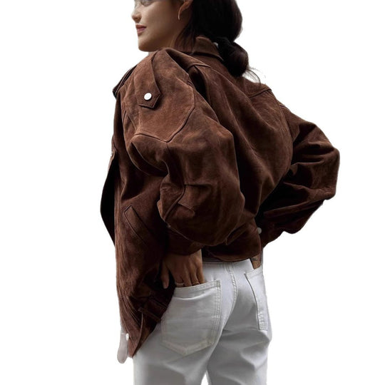 Damen Oversized Veloursleder-Bomberjacke mit Taillengürtel und Schalkragen Shop Nory