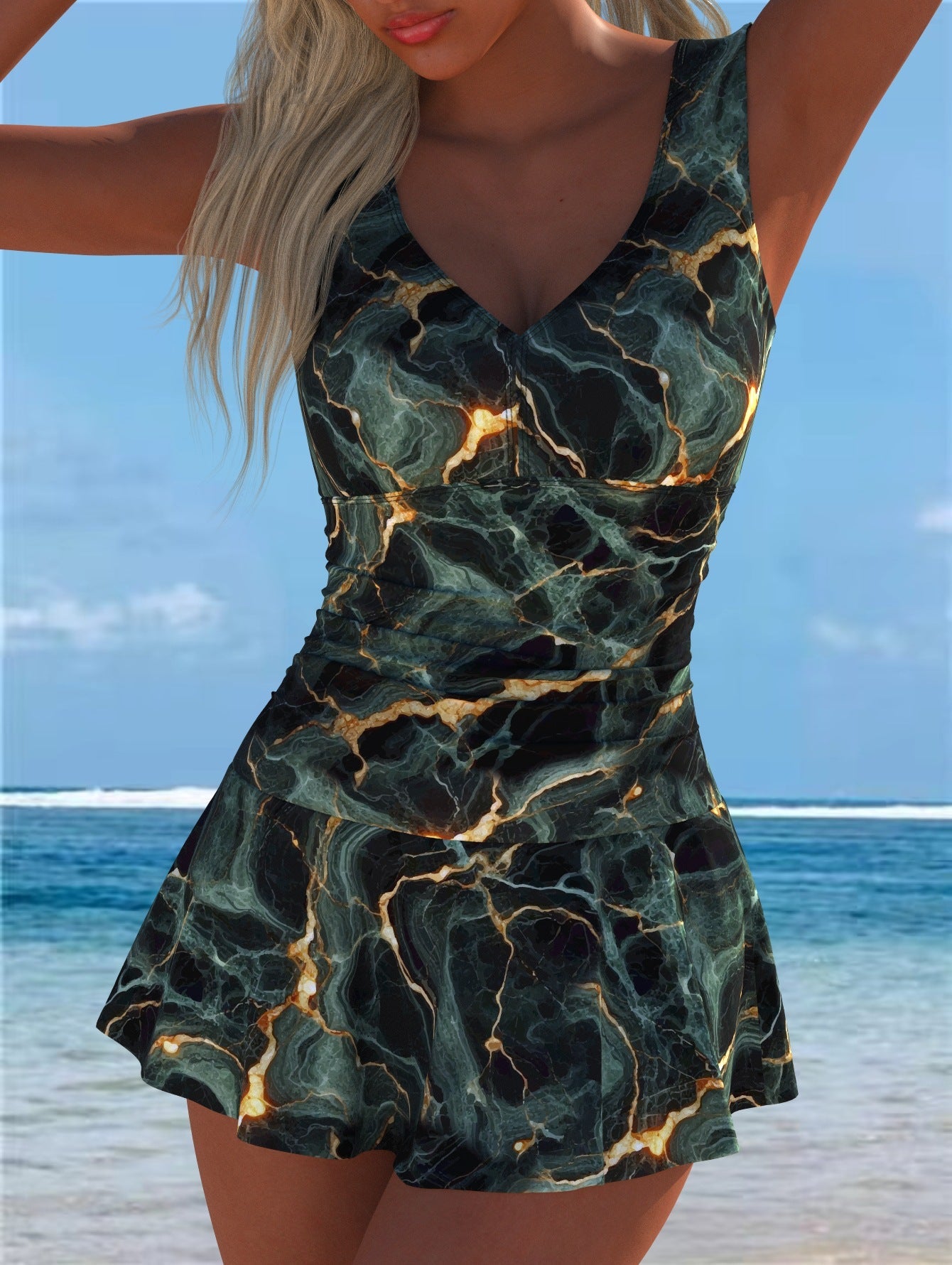 Damen Schwimmdress mit volanthaftem Saum und lR&Bhaftem Muster Shopnory