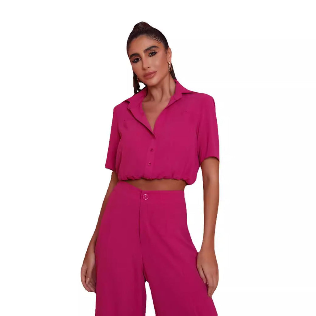Damen Elegantes Kurzarm-Blusen und Palazzo-Hosen-Ensemble