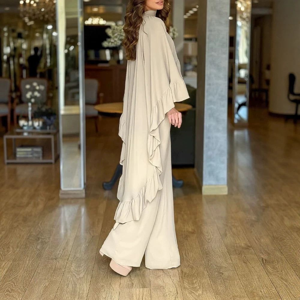 Damen Eleganter Overall mit Cape-Volant und weitem Palazzohosenbein Shop Nory