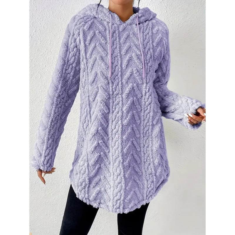 Damen Kuscheliger Teddy-Hoodie mit Zopfmuster Tunnelzug und gerundetem Saum Shop Nory