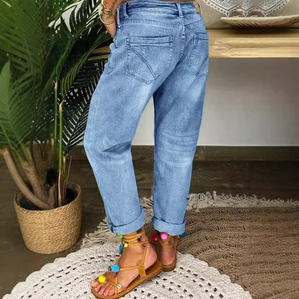 Damen Boyfriend Jeans mit Knopfverschluss und Distressed-Details