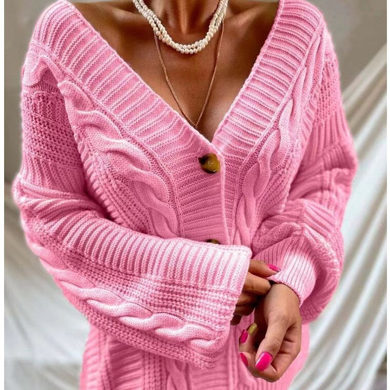 Damen Strickjacke mit tiefem V-Ausschnitt und einzigartigem Zopfdesign