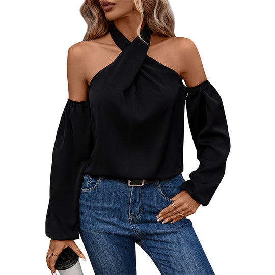 Damen Neckholder-Top mit gekreuztem Ausschnitt, schulterfreiem Design und Ballonärmeln Shop Nory