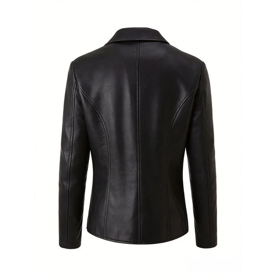 Damen Kurz geschnittene Kunstlederjacke mit Rundhals und aufgesetzten Pattentaschen Shop Nory