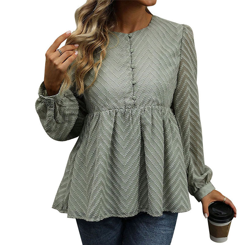 Damen Chiffon-Peplum-Bluse mit Chevron-Struktur, geraffter Empire-Taille & Knopfleiste Shop Nory