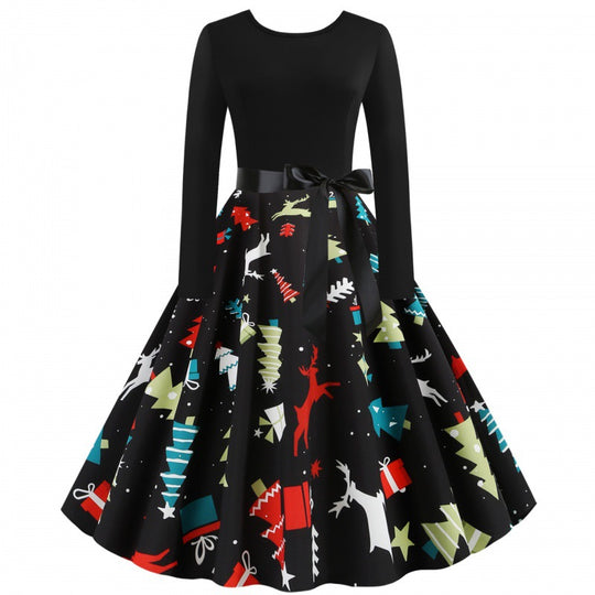 Damen Tailliertes Retro Kleid mit voluminösem Tellerrock und Weihnachtsprint Shop Nory
