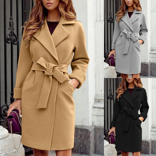 Damen Eleganter knielanger Mantel aus Wollmix mit breitem Revers und Bindegürtel Shop Nory