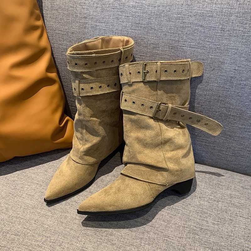 Damen Wadenhohe Wildleder-Slouch-Stiefel mit spitzer Zehenpartie und Zierschnallen Shop Nory