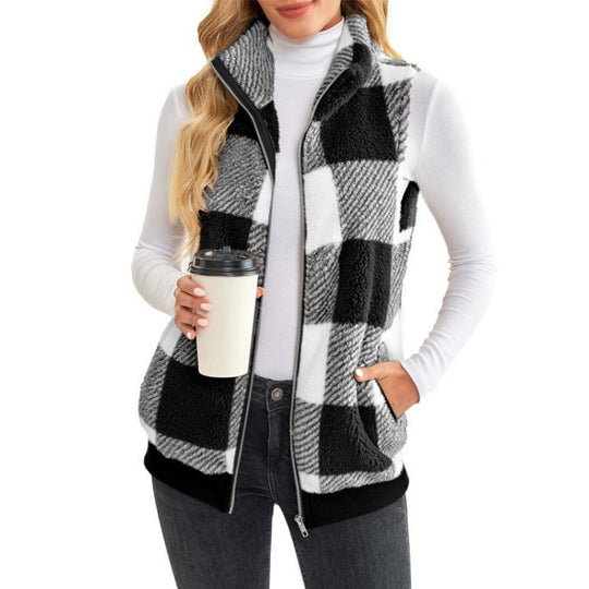 Damen Karierte Teddyweste mit Stehkragen, Reißverschluss und Eingrifftaschen Shop Nory