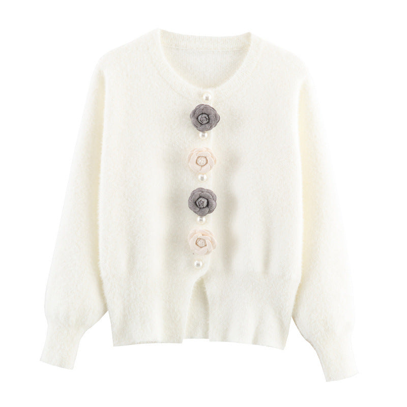 Damen stylische Strickjacke mit einzigartigen Blumenapplikationen