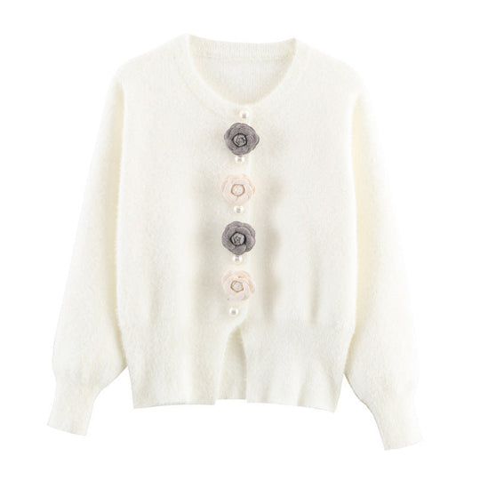 Damen stylische Strickjacke mit einzigartigen Blumenapplikationen