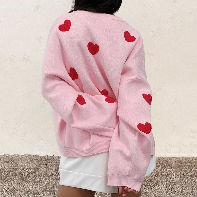 Damen Oversize Rundhalspullover mit Herz-Jacquard und gerippten Säumen Shop Nory