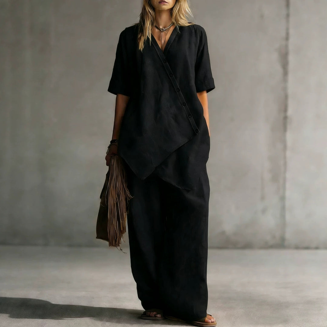 Damen Leinen-Zweiteiler mit asymmetrischer Knopfleiste und weiter Palazzo-Hose Shop Nory
