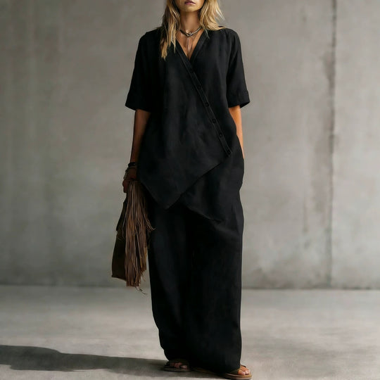 Damen Leinen-Zweiteiler mit asymmetrischer Knopfleiste und weiter Palazzo-Hose Shop Nory