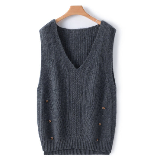 Damen Strick-Longweste mit V-Ausschnitt, Zopfmuster und seitlicher Knopfleiste Shop Nory