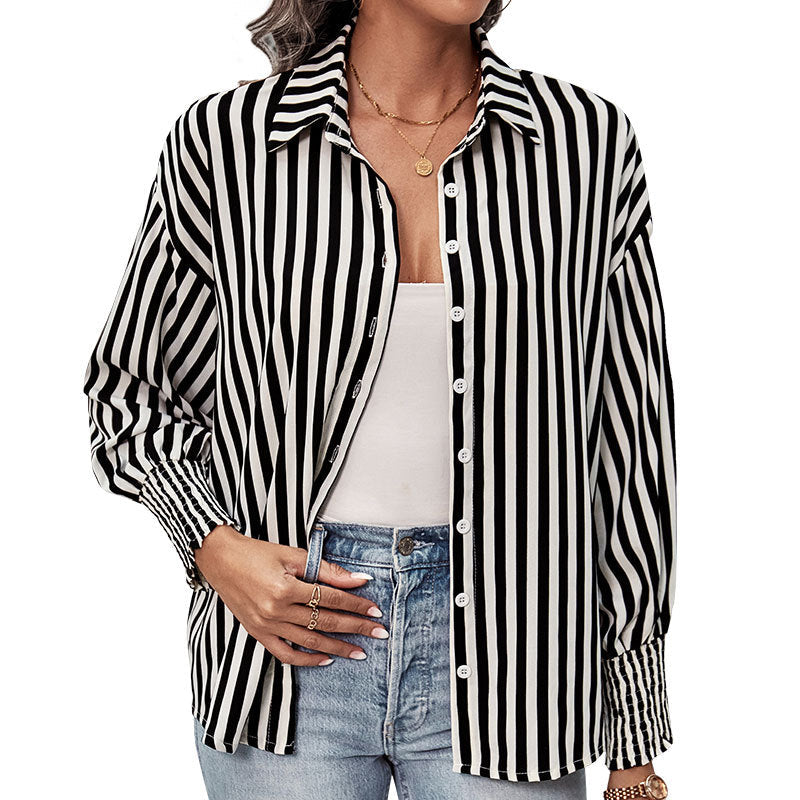 Damen Langärmlige Boyfriend-Hemdbluse mit vertikalem Streifendessin und gerafften Bündchen Shop Nory