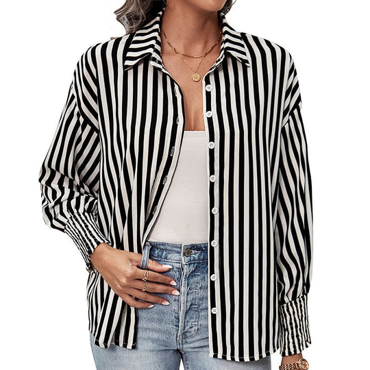 Damen Langärmlige Boyfriend-Hemdbluse mit vertikalem Streifendessin und gerafften Bündchen Shop Nory