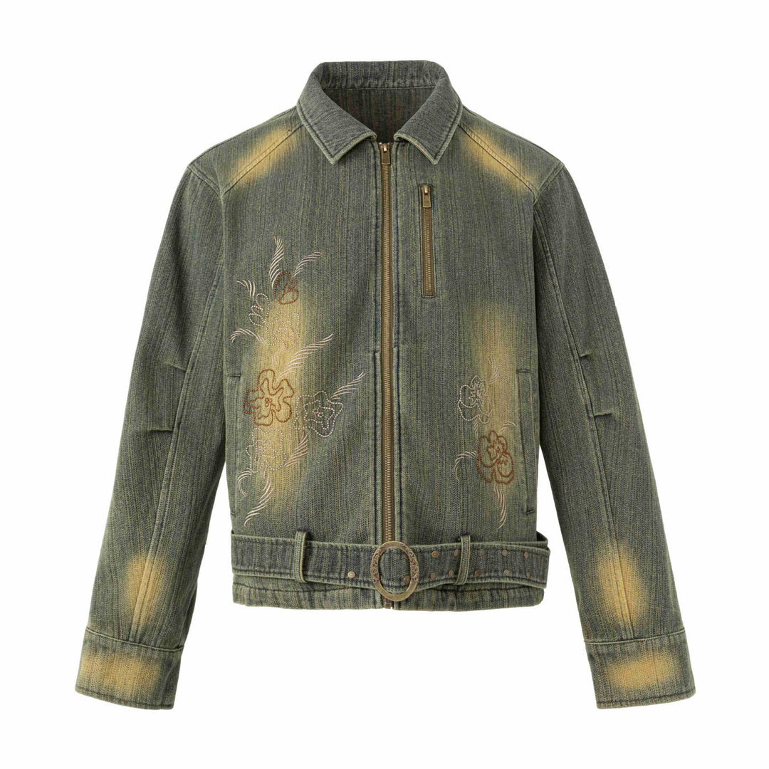 Damen Bestickte kurze Denim-Blousonjacke mit Taillengürtel und Reißverschluss Shop Nory