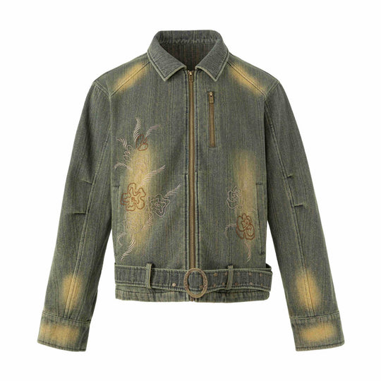 Damen Bestickte kurze Denim-Blousonjacke mit Taillengürtel und Reißverschluss Shop Nory