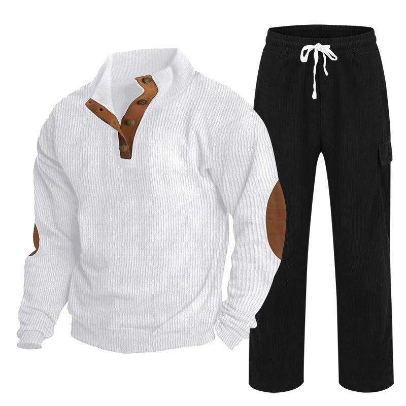 Herren Gemütliches Freizeit-Set aus Waffelstrick-Henley mit Ellenbogenpatch und Relax-Cargo-Hose Shop Nory