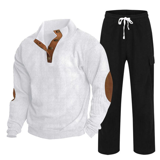 Herren Gemütliches Freizeit-Set aus Waffelstrick-Henley mit Ellenbogenpatch und Relax-Cargo-Hose Shop Nory
