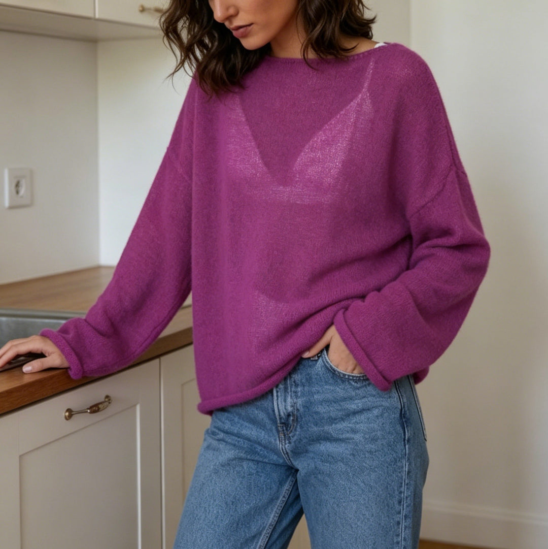 Damen luftiger Oversize-Feinstrickpullover mit weitem Arm und Rundhalsausschnitt Shop Nory