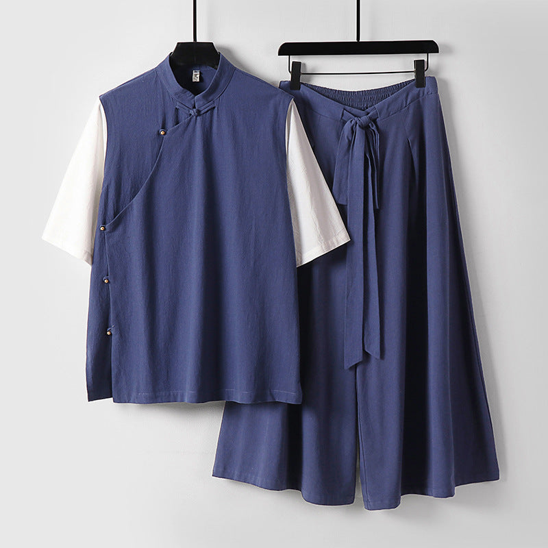 Damen Zweiteiliges Kimono-Loungewear-Set aus Leinenmischung mit Stehkragen asymmetrischer Knopfleiste und weitem Palazzo-Hosenrock Shop Nory