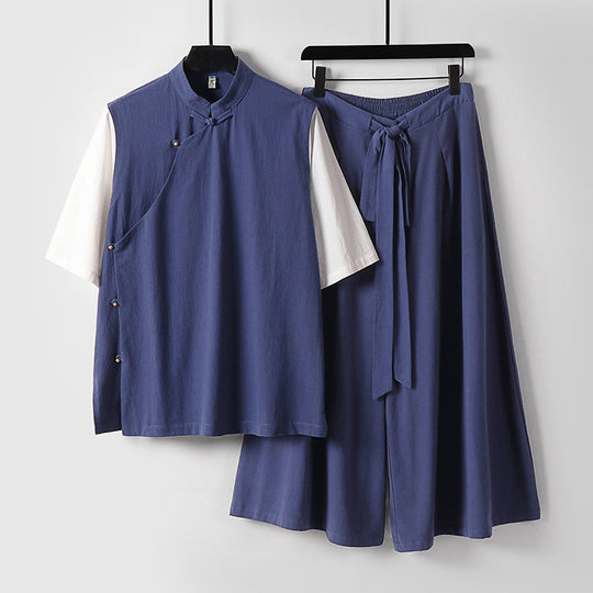 Damen Zweiteiliges Kimono-Loungewear-Set aus Leinenmischung mit Stehkragen asymmetrischer Knopfleiste und weitem Palazzo-Hosenrock Shop Nory