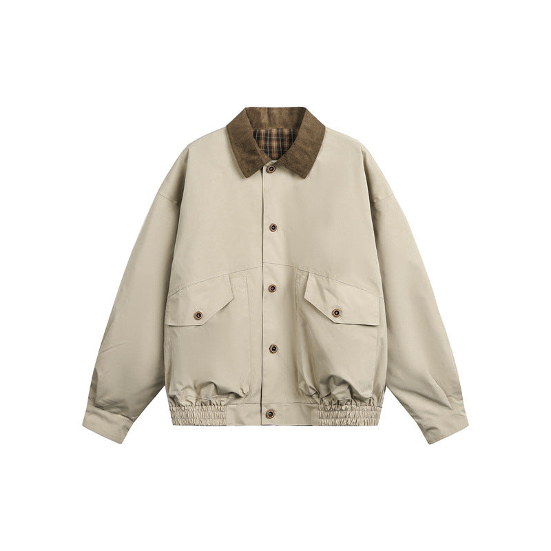 Unisex Kastig geschnittene Blousonjacke im Fieldstil mit Cordkragen und Karo‑Innenfutter Shop Nory