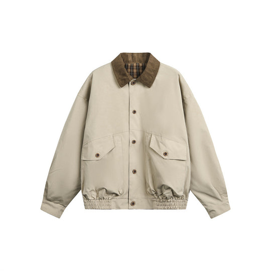 Unisex Kastig geschnittene Blousonjacke im Fieldstil mit Cordkragen und Karo‑Innenfutter Shop Nory