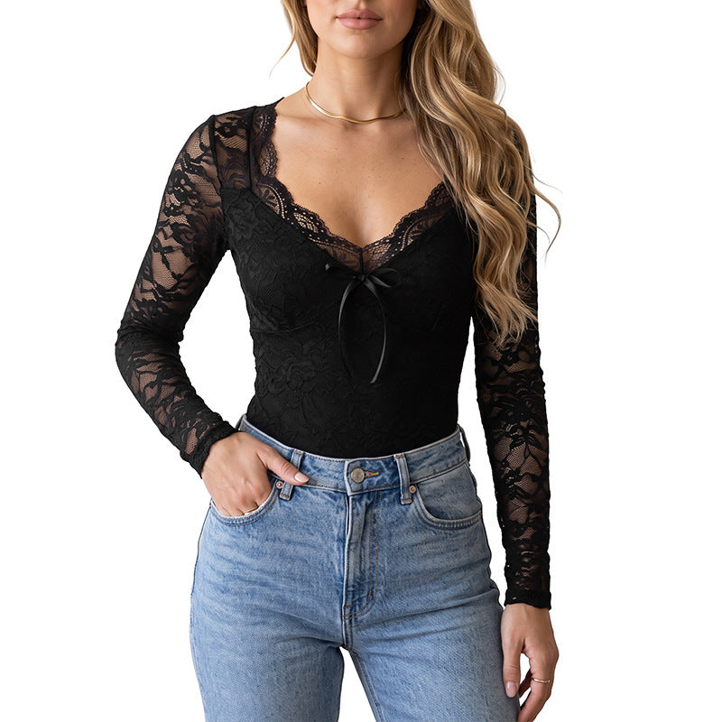 Damen Eleganter Spitzenbody mit V-Ausschnitt und Schleifen-Detail Shop Nory