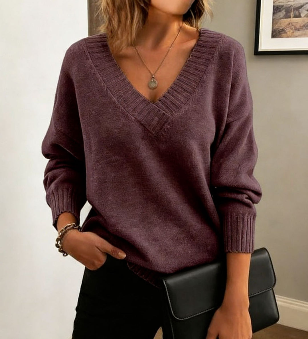 Damen Feinstrickpullover mit tiefem V-Ausschnitt und überschnittener Schulter Shop Nory