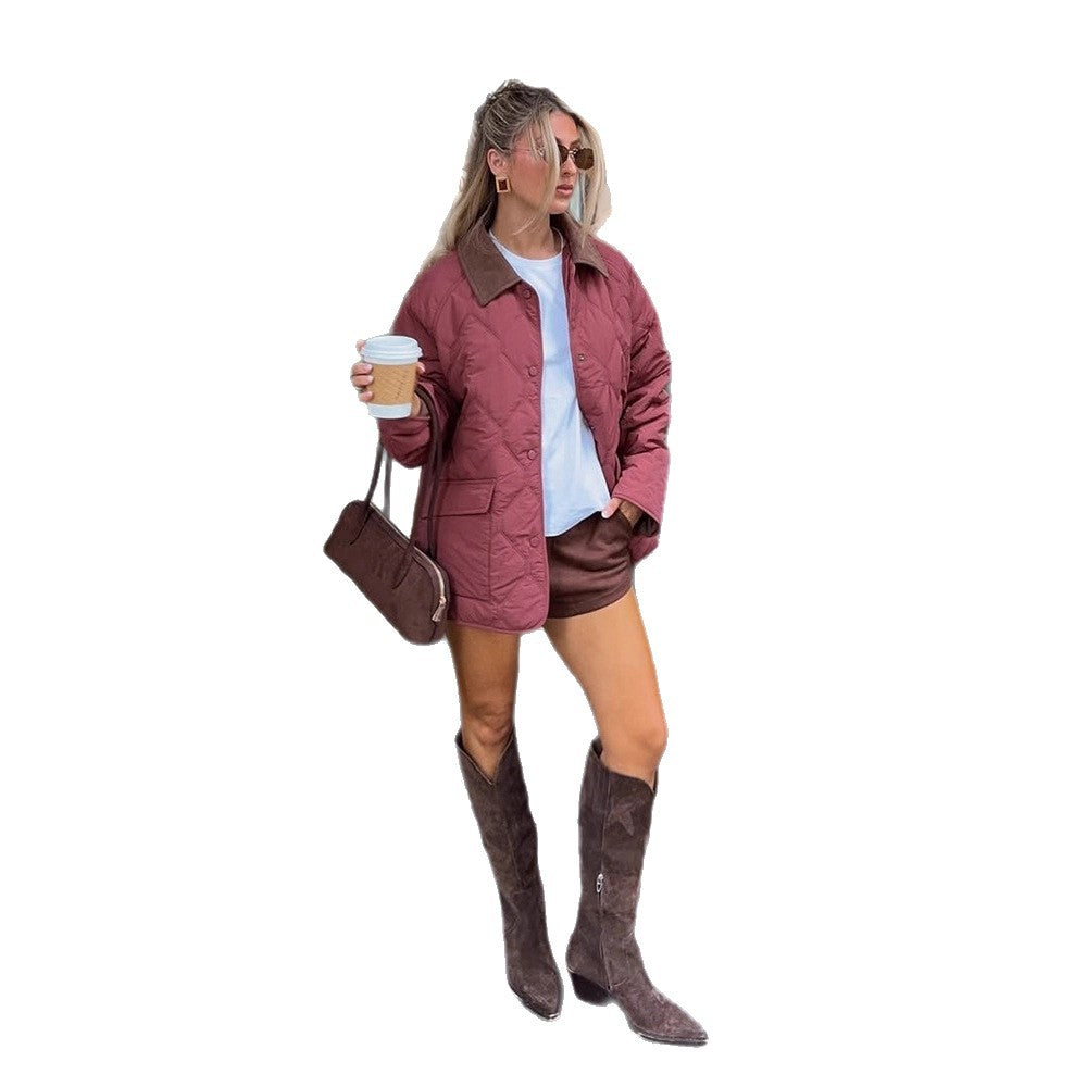 Damen gesteppte Oversize‑Jacke mit Cordkragen, Druckknopfverschluss und aufgesetzten Pattentaschen Shop Nory