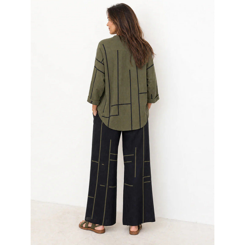 Damen Oversize-Tunika und weite Palazzohose mit grafischem Streifenprint und Henley-Kragen Shop Nory