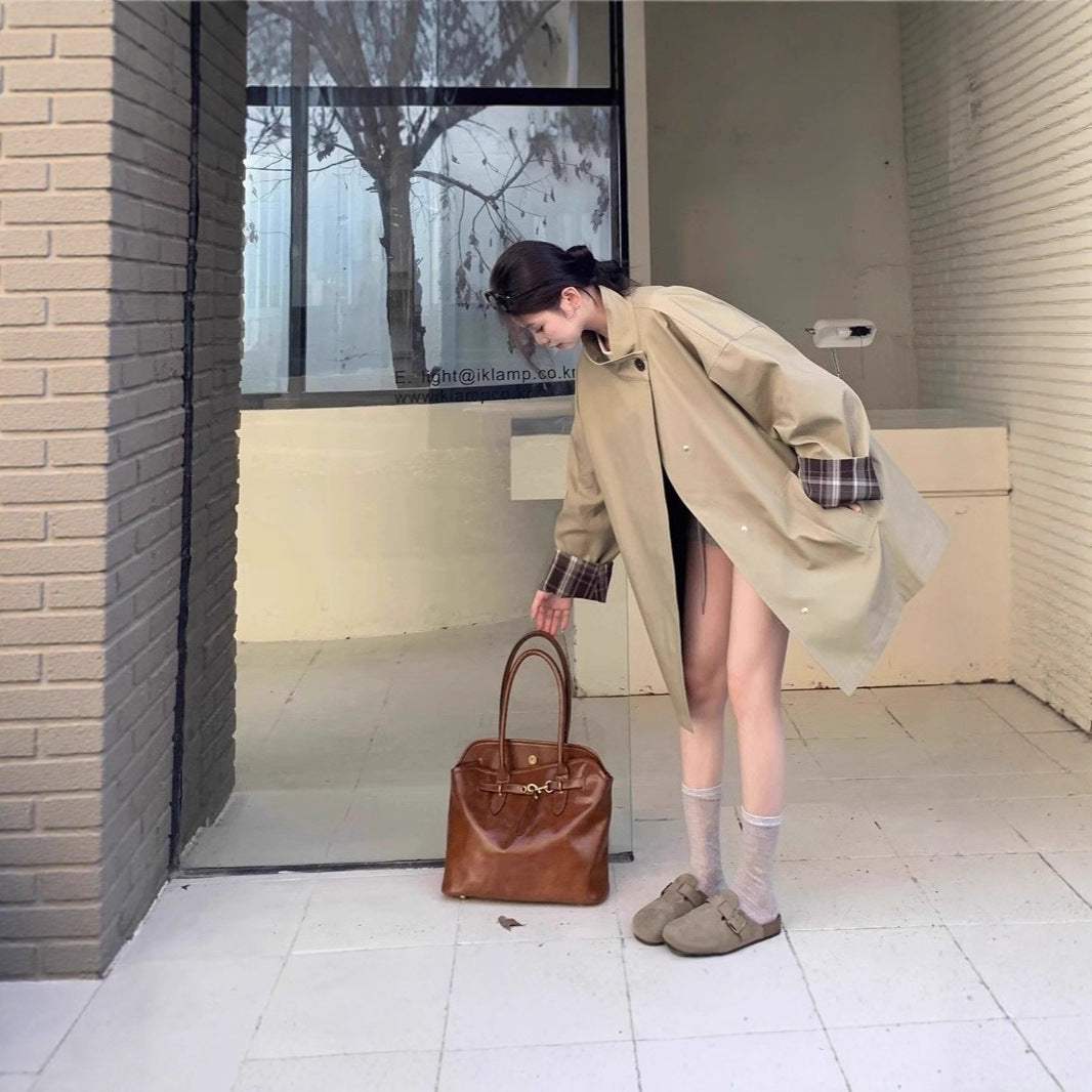 Damen Oversized Kurzmantel mit Stehkragen und kariertem Ärmelfutter Shop Nory