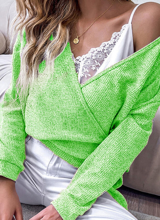 Damen feiner Strickwickelpullover mit tiefem V-Ausschnitt, überschnittenem Schulter und melierter Textur Shop Nory