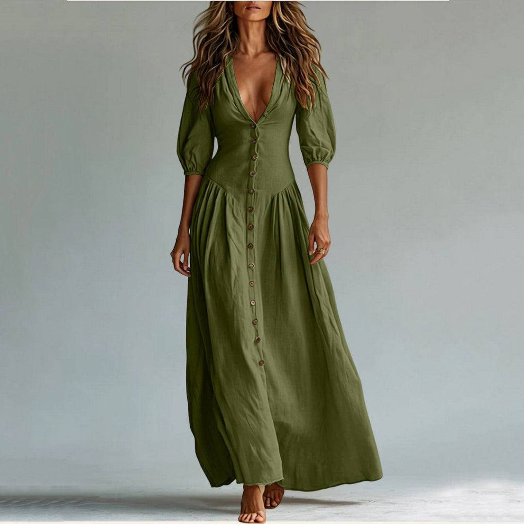 Damen Maxikleid mit tiefem V-Ausschnitt, durchgehender Knopfleiste und Ballonärmeln Shop Nory