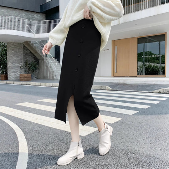 Damen Eleganter Maxi-Rock mit Knopfdetails und Schlitz Shop Nory