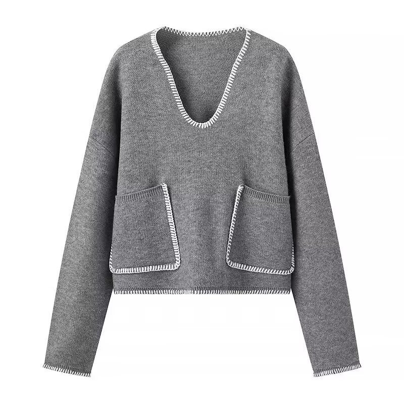 Damen Kurzer V-Ausschnitt Pullover mit Ziernähten und aufgesetzten Taschen Shop Nory