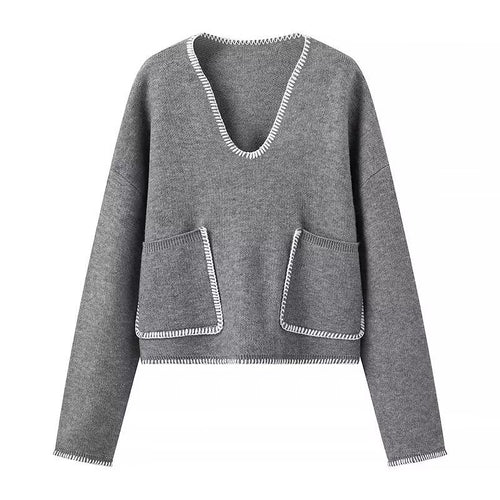 Damen Kurzer V-Ausschnitt Pullover mit Ziernähten und aufgesetzten Taschen Shop Nory