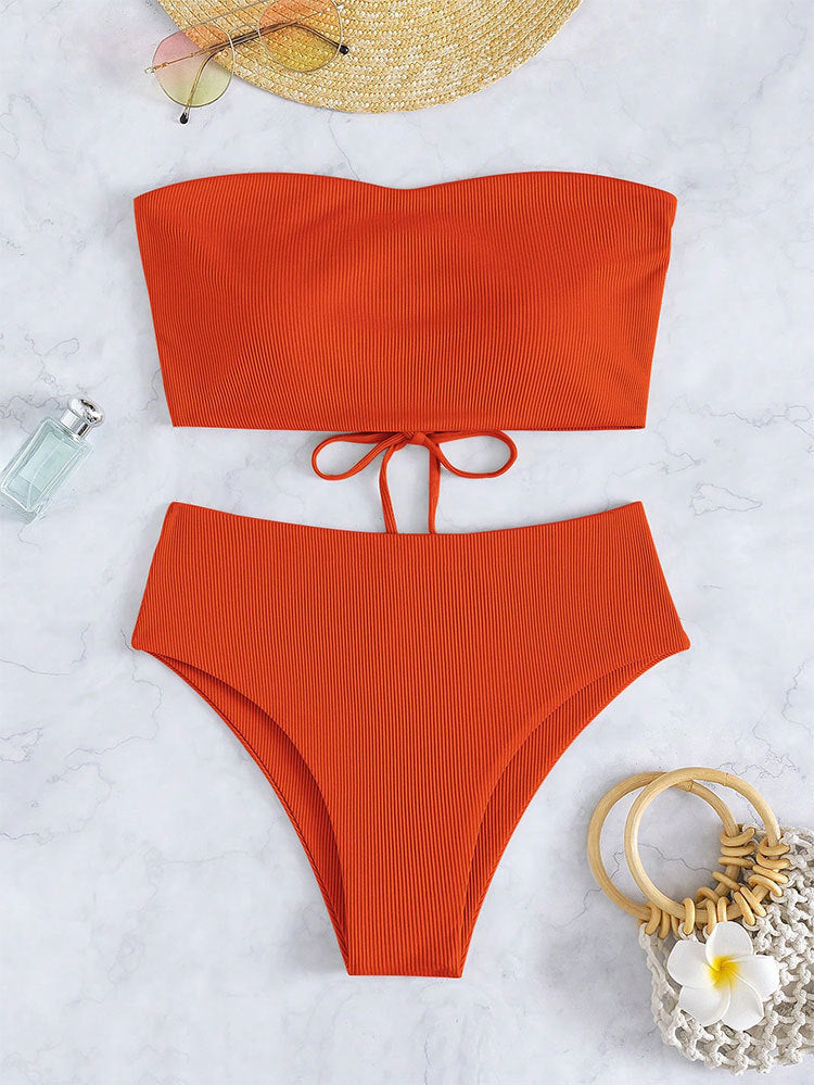 Damen Bandeau-Bikini mit hohem Bund und Rippdesign