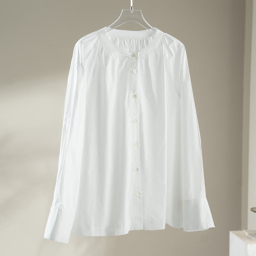 Damen Bluse mit gerafftem Rundhalsausschnitt und durchgehender Knopfleiste Shop Nory